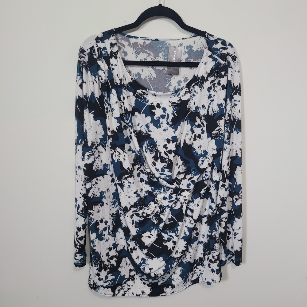 Lane Bryant Size 22/24 Floral Draped Front Top Womens Navy White Long Sleeve